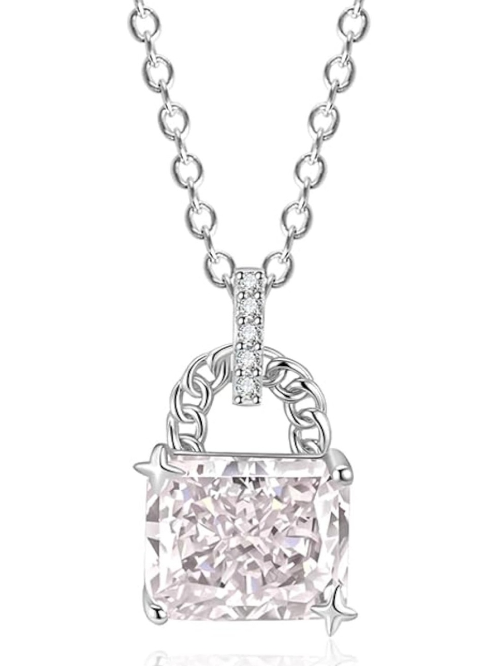 Silver-tone Pink Cubic Zirconia Padlock Necklace
